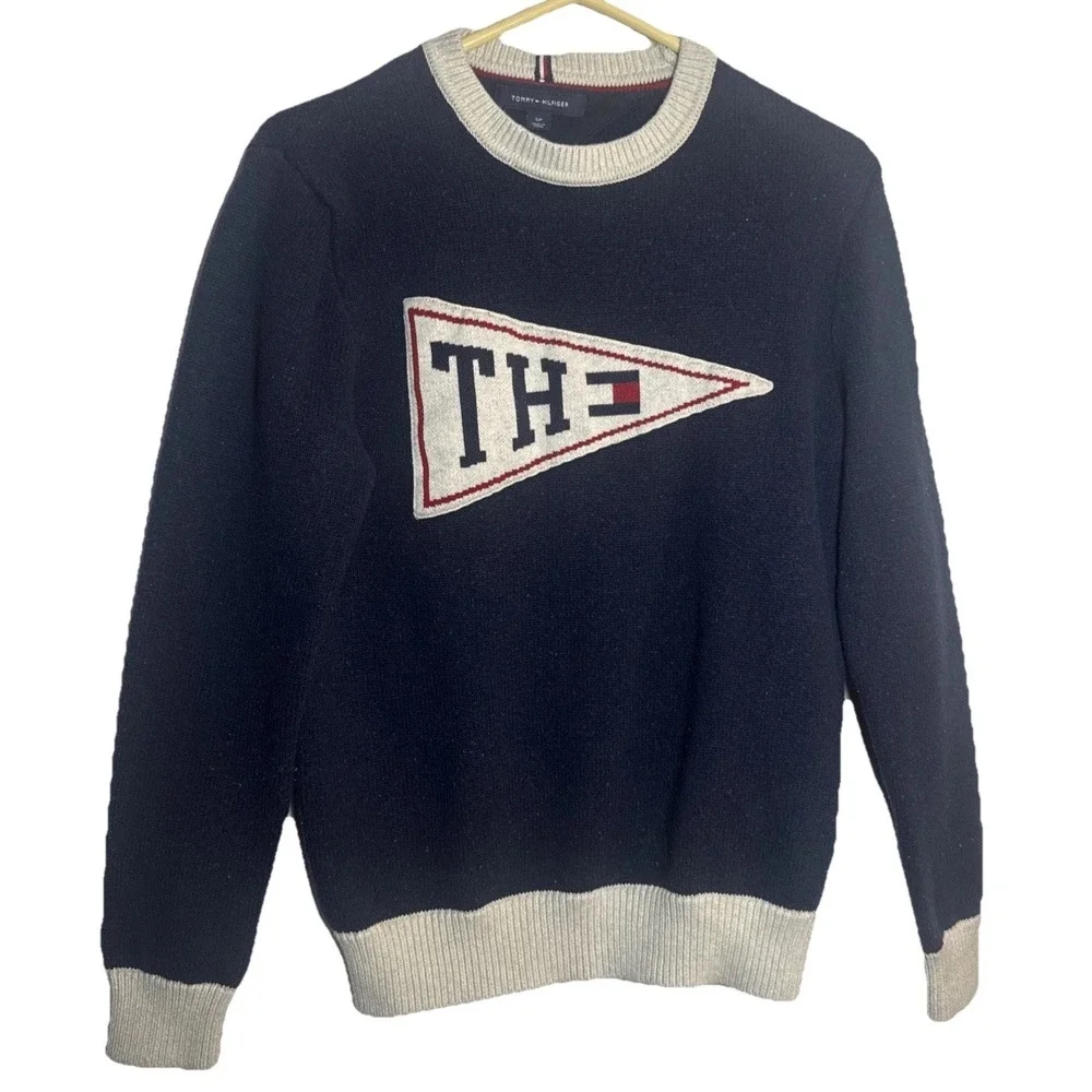 Tommy Hilfiger Men's Small‎ Navy Logo Sweater TH Flag Crewneck Cotton Wool